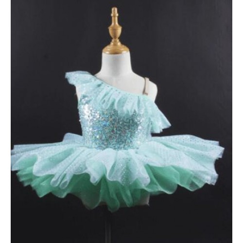 Children girls mint sequin modern dance ballet tutu skirt dress stage performance ballet costumes dress